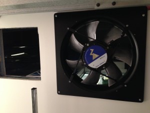 A closer look at the intake fan, with the opening for the extraction duct work and fan to the left (for recirculation)
