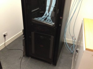 One of our core system racks with UPS and mains bypass switch fitted, along with terminated patch panels