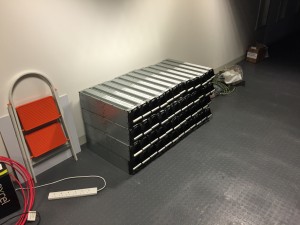UPS battery modules containing their brand new cells fitted and on the data hall floor, ready to fill out to first 3 UPS's
