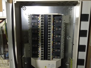 The B-side main distribution panel fitted with its breakers, which feed the UPS systems on the data hall
