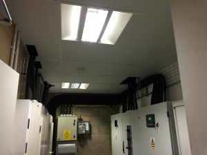 A look at the completed ceiling, complete with lighting, fire detector and cable entry / exit points